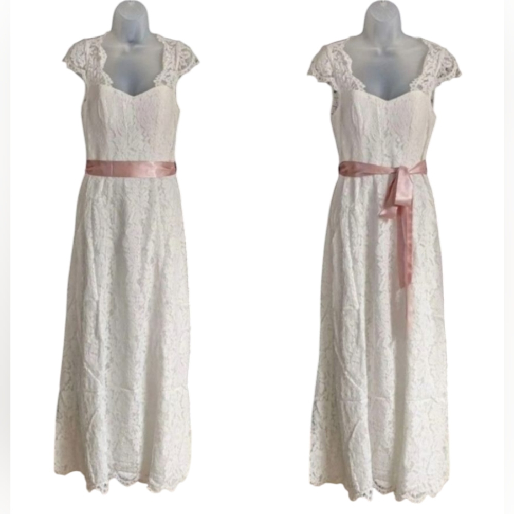 🆕 Liza Luxe White Eyelash Lace Wedding Maxi Dress With Removable Pink Sash